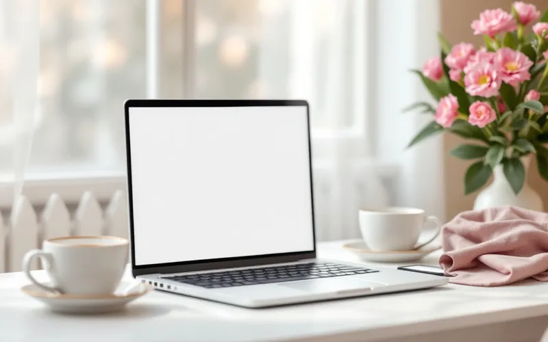 Laptop mit geöffnetem Online-Fragebogen auf einem hellen Schreibtisch