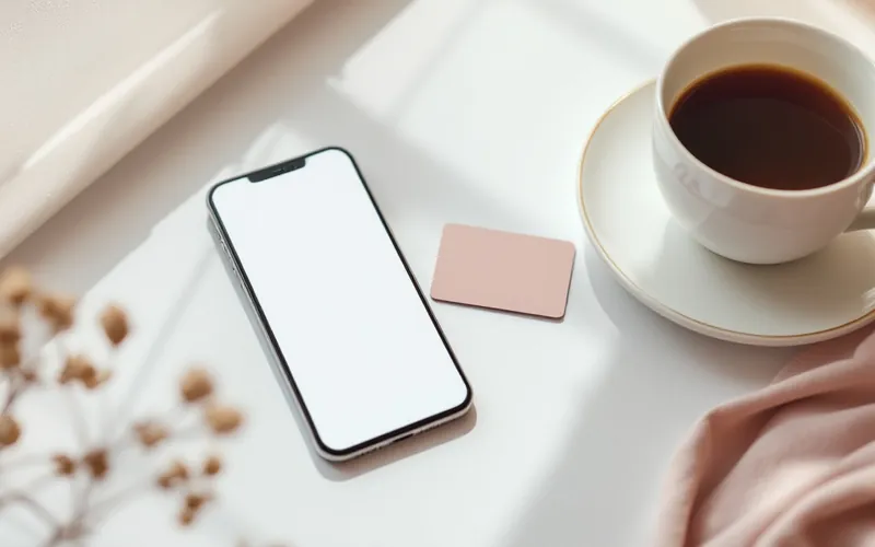 Smartphone und Bankkarte neben einer Tasse Kaffee